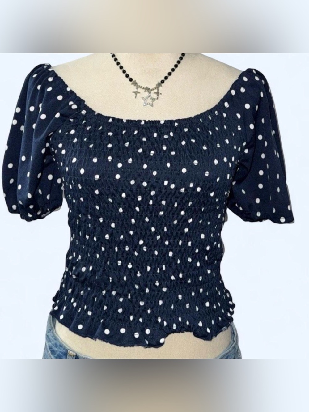 Navy Polka Dot Smocked Off-Shoulder Blouse